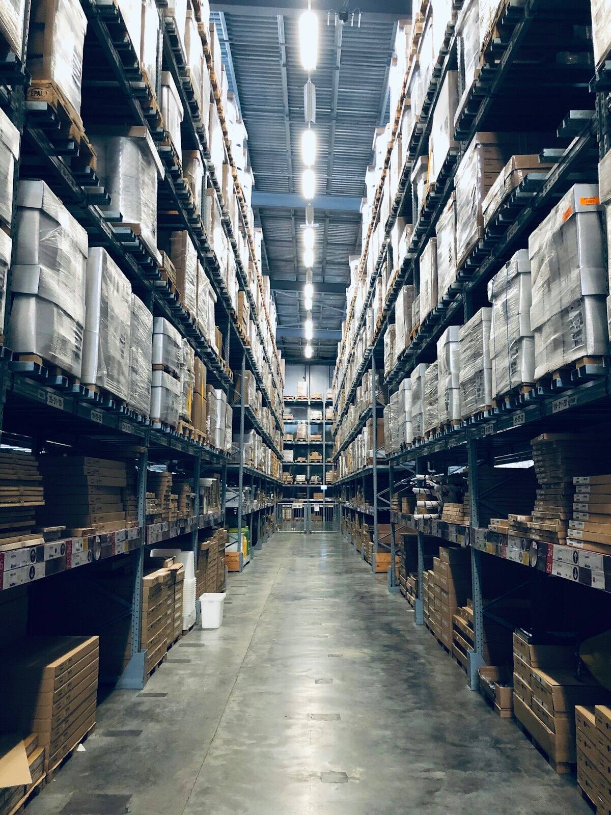 Warehouse aisle with inventory ready for e-commerce dispatch